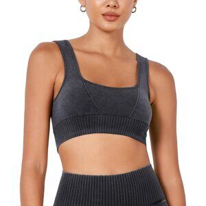 Women's Stone Washing Black Square Neck Low Back Ribbed Cropped Sports Bra